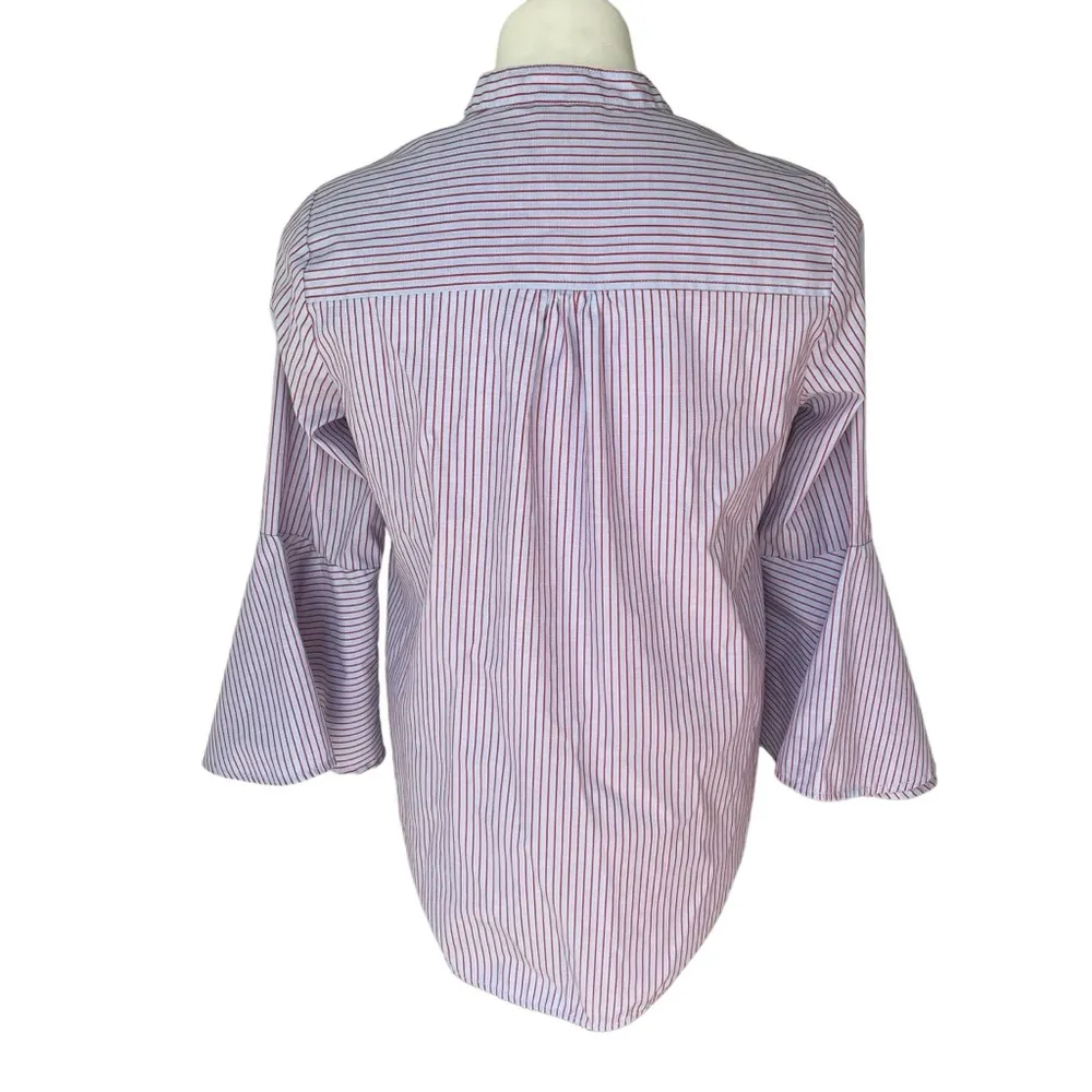 Anthro Maeve Mandarin Collared Blue Red Button Down Bell Sleeve Blouse Size 6 - Image 5