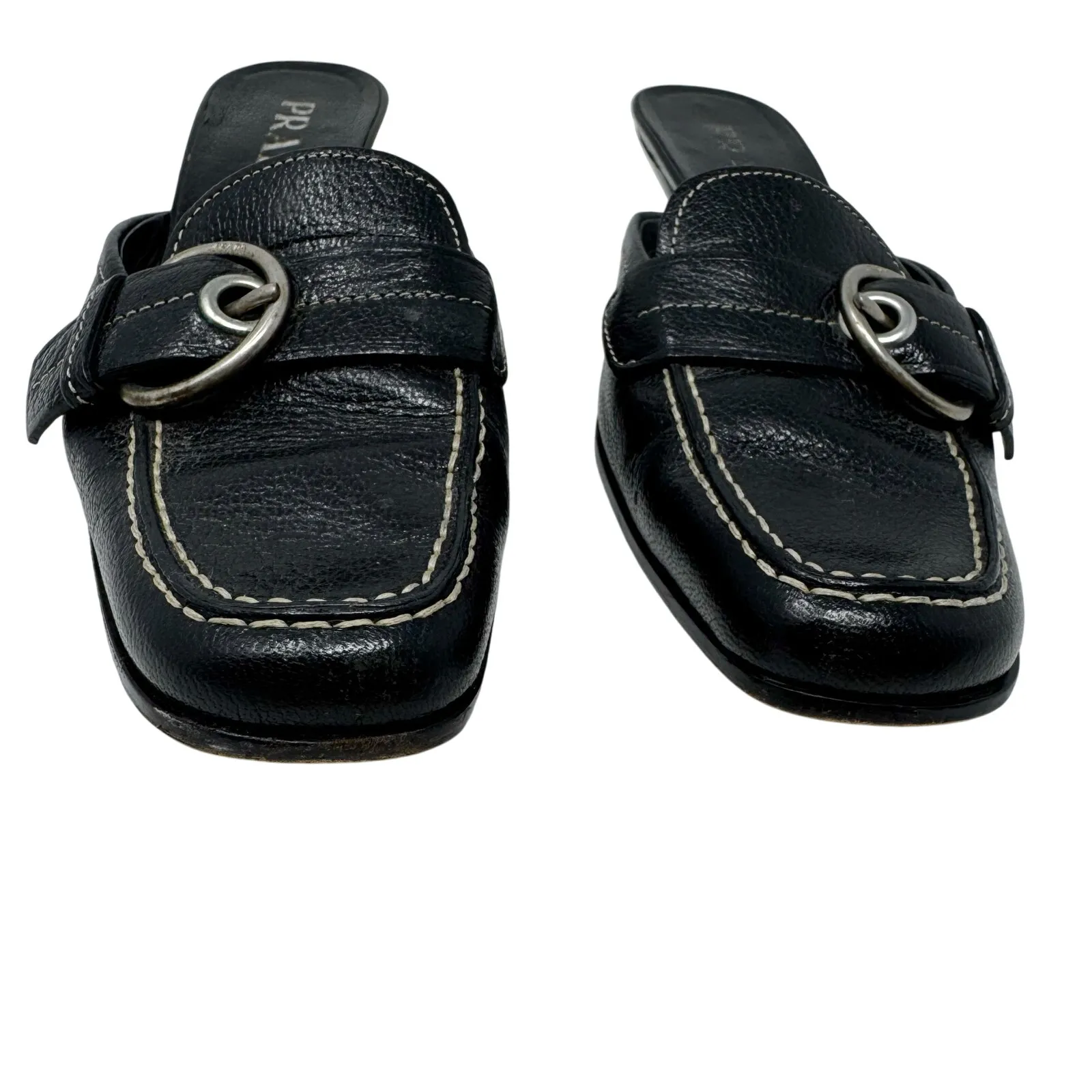 Prada Black Leather Buckle Mule Heels 37.5 Vintage Slip-On Kitten Heel Sandals - Image 3