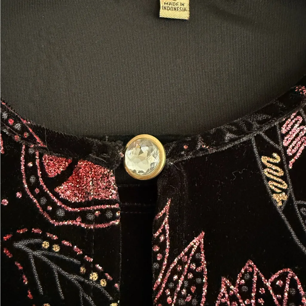 Black Velvet Floral Cardigan Stretch Knit Long Sleeve Dressy Layering Notations - Image 7