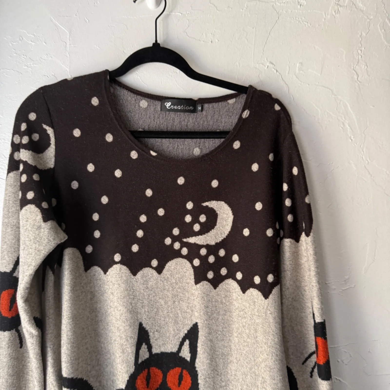 Creation Black Gray Moon Stars Cat Print Tunic Sweater M Grunge Strange Goth Size M - Image 2