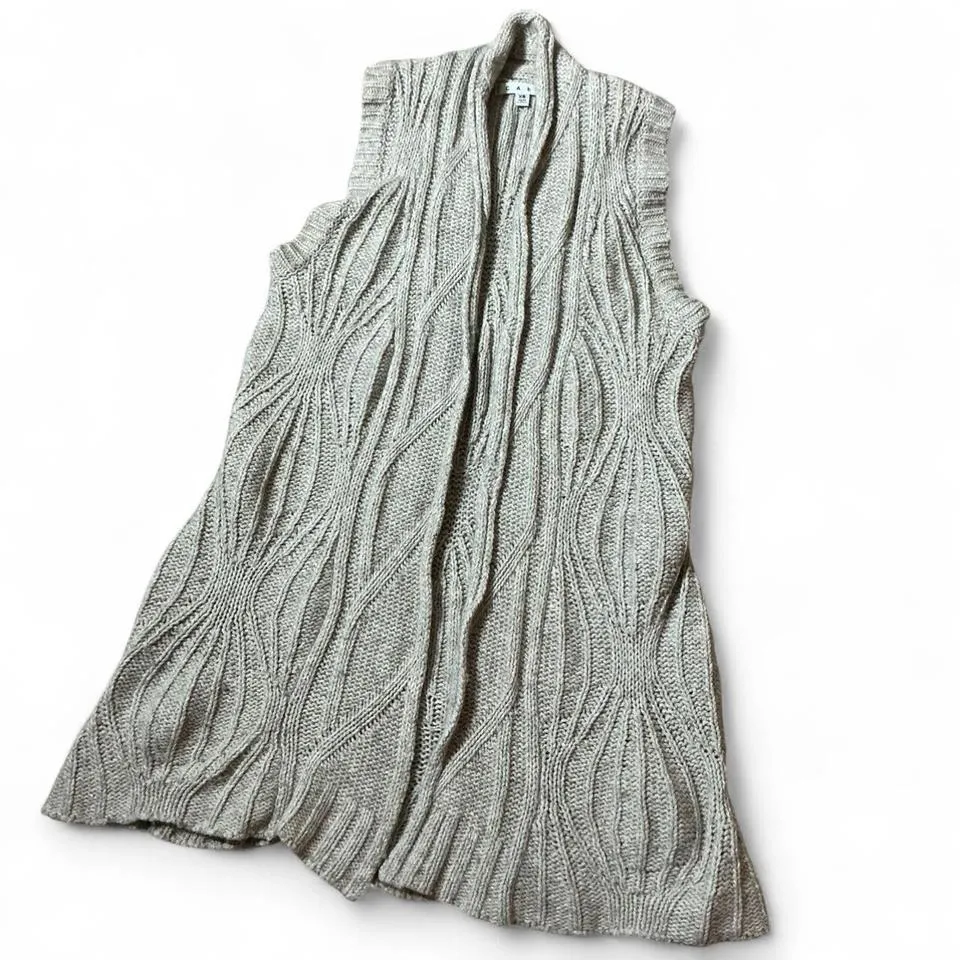 CABI Beige Wool Cable Knit Open Front Long Sleeveless Cardigan Vest Sweater XS - Image 3