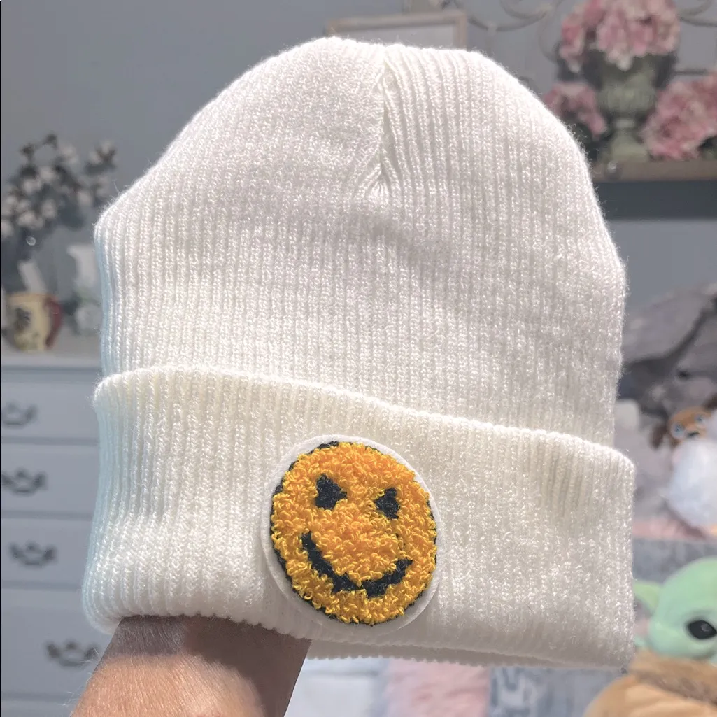 Happy Face White Beanie Cap - Image 3