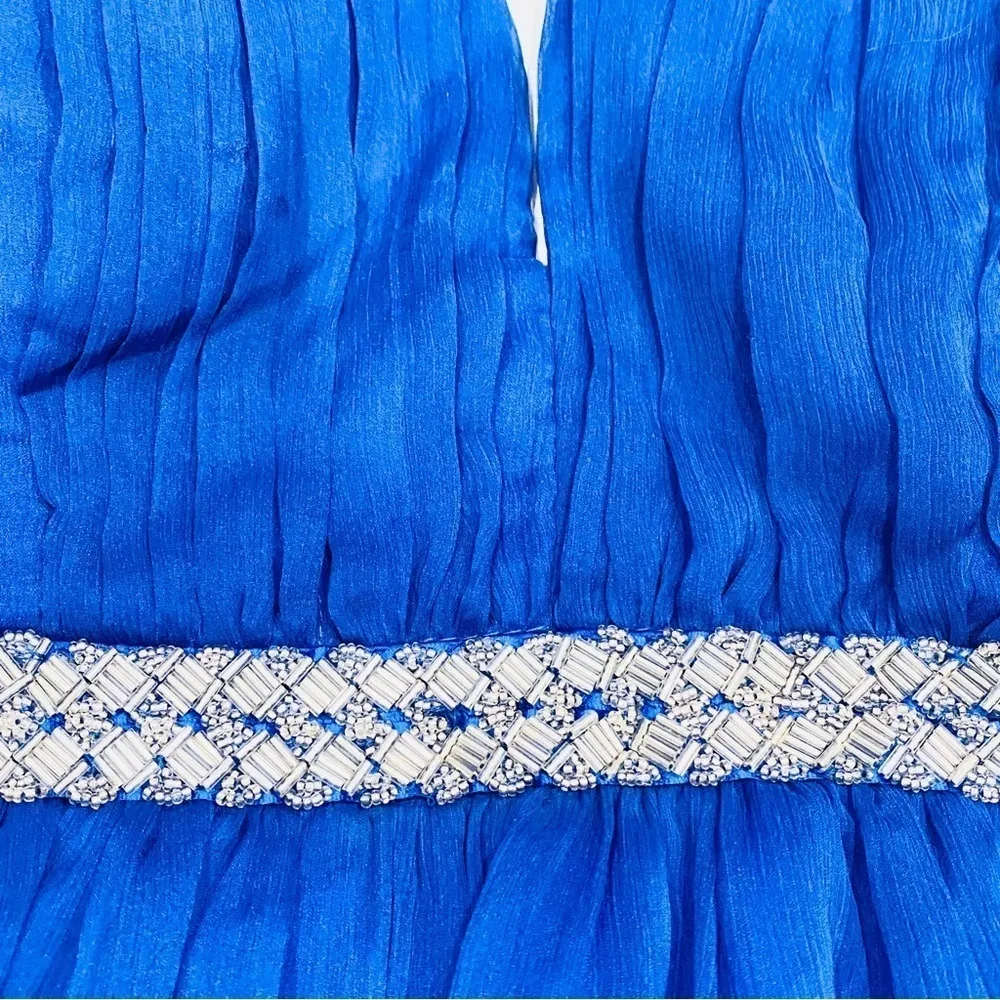 Minuet Royal Blue Cocktail Evening Halter Dress with Beaded Straps & Open Back - Image 4