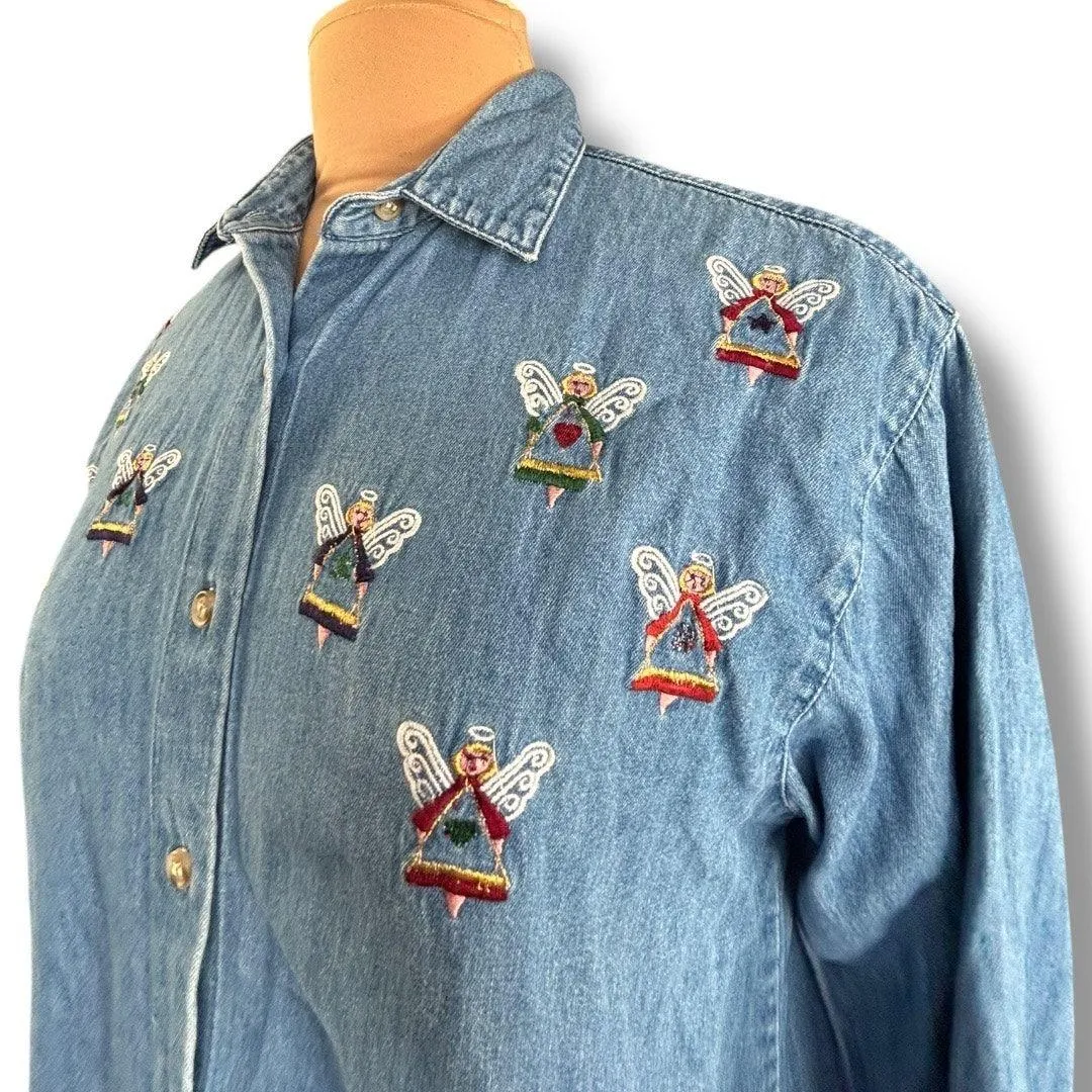 90s Chambray Denim Shirt Folk Art Embroidered Festive Angels Christmas Top Med Blue - Image 2