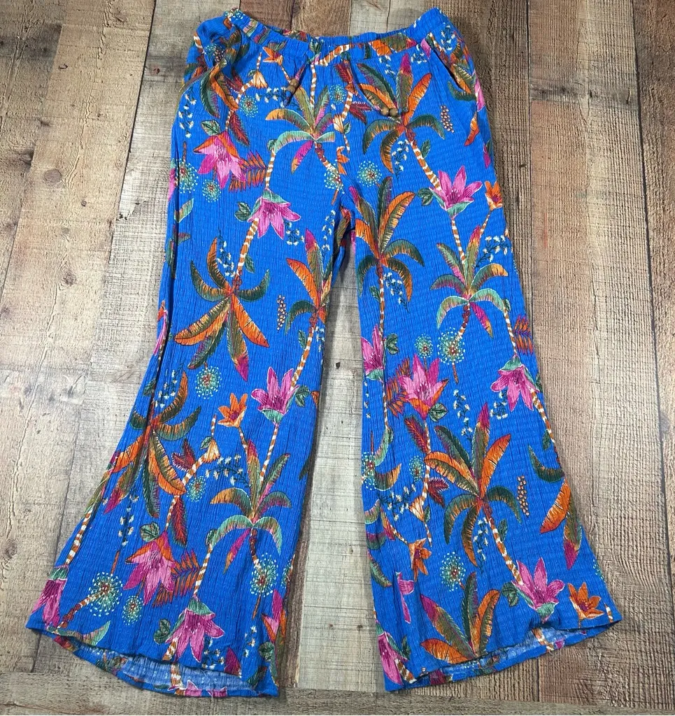 Rachel Roy Tropical Medium Boho Wide Leg Pants Vacation Resortwear Colorful Blue - Image 1