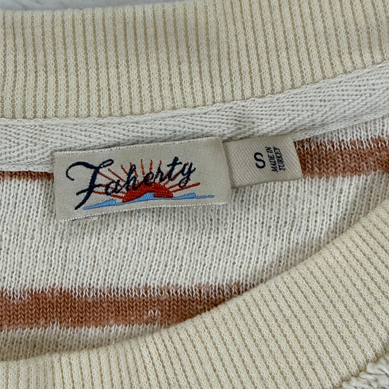 Faherty Striped Textured Raglan Crewneck Sweatshirt Cream Rosewood Size S - Image 2