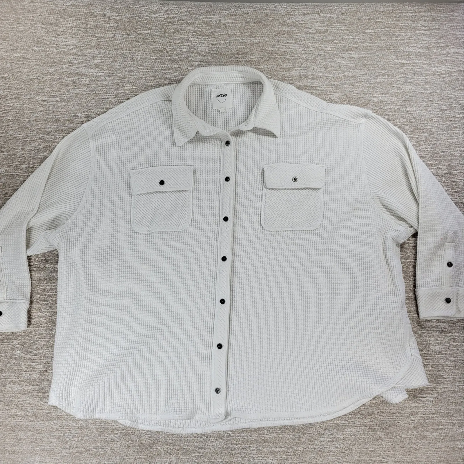 Aerie Waffle Knit Button Up Shirt XL White Oversized Relaxed Fit Long Sleeve - Image 10