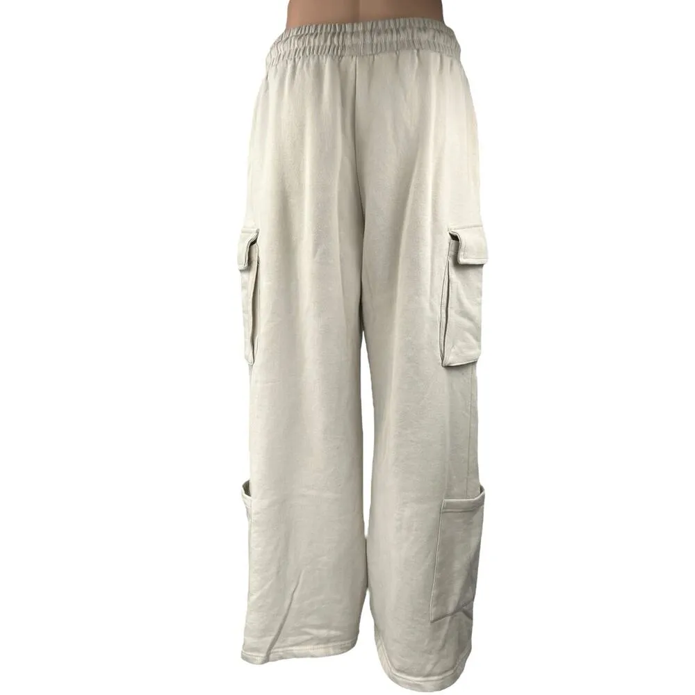 Zara Women's Cream White Fleece Wide Leg High Waist Trousers Cargo Pants Size M - Image 3