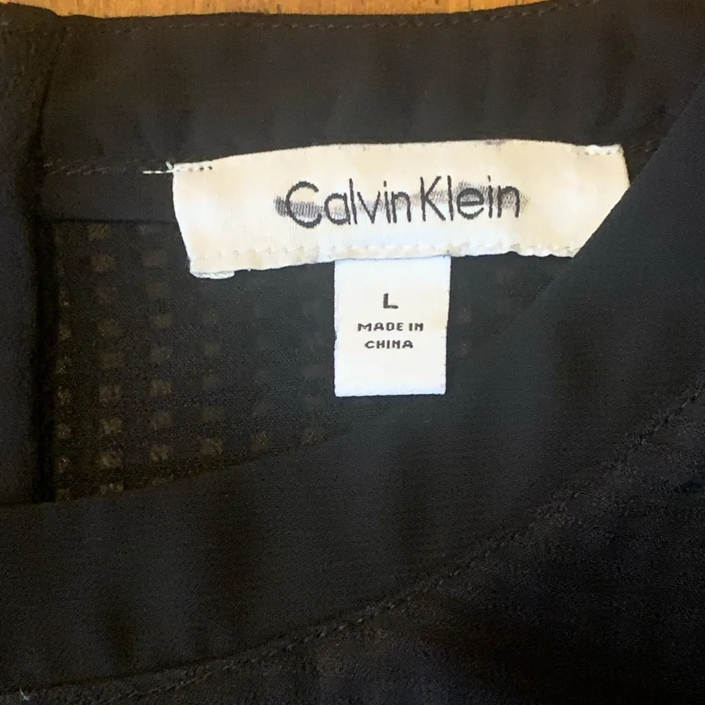 Calvin Klein Blouse Large Black Crewneck Zip Back Sheer Sleeves Band on bottom - Image 2