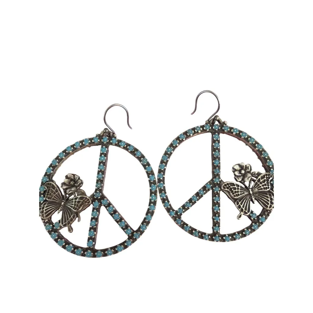 Silver Tone Turquoise Enamel Dangle Earring Peace Sign Butterfly Hook 2" Flower Blue - Image 3