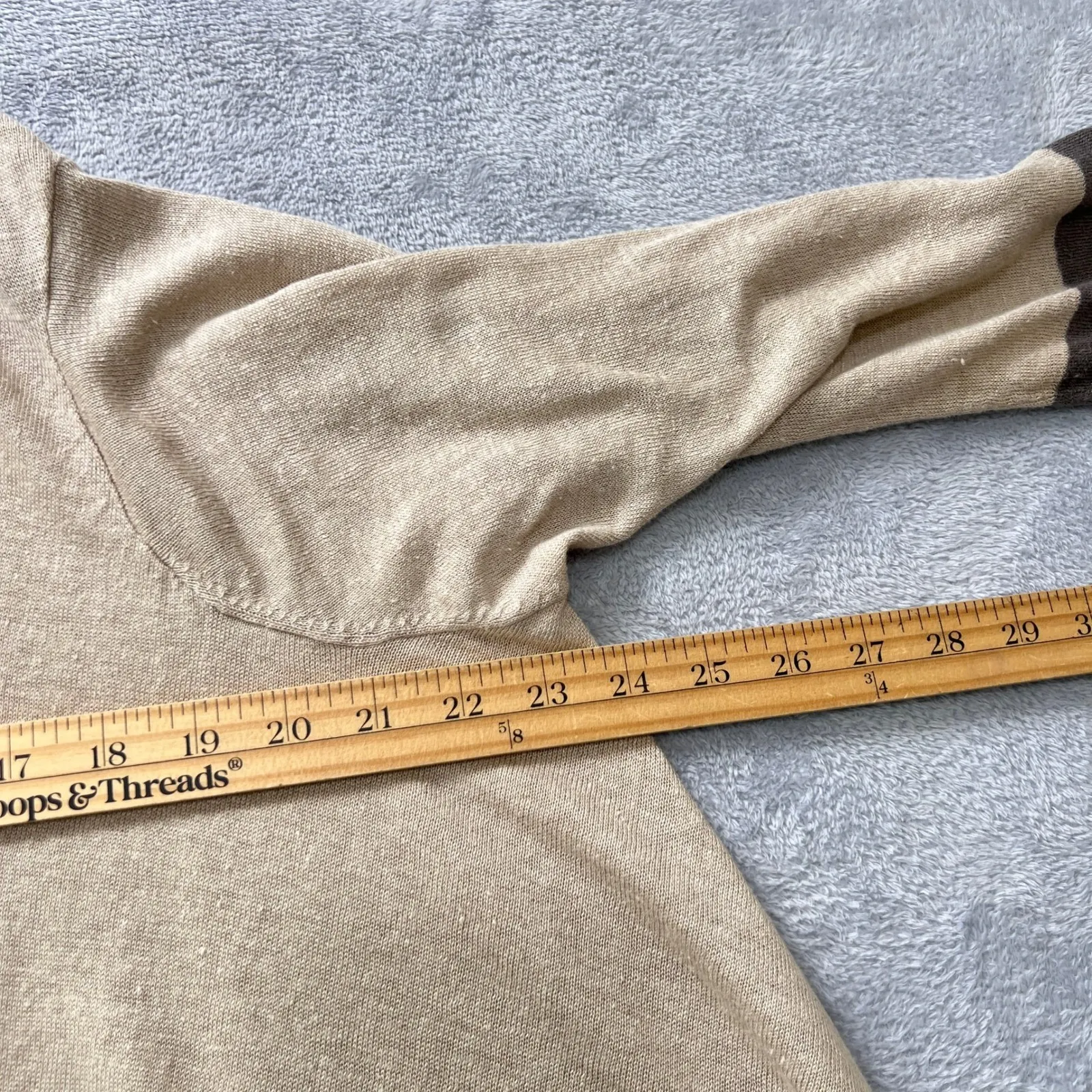 Garnet‎ Hill L Open Front Cardigan Tan Brown Stripe Trim Lightweight Knit Draped - Image 5