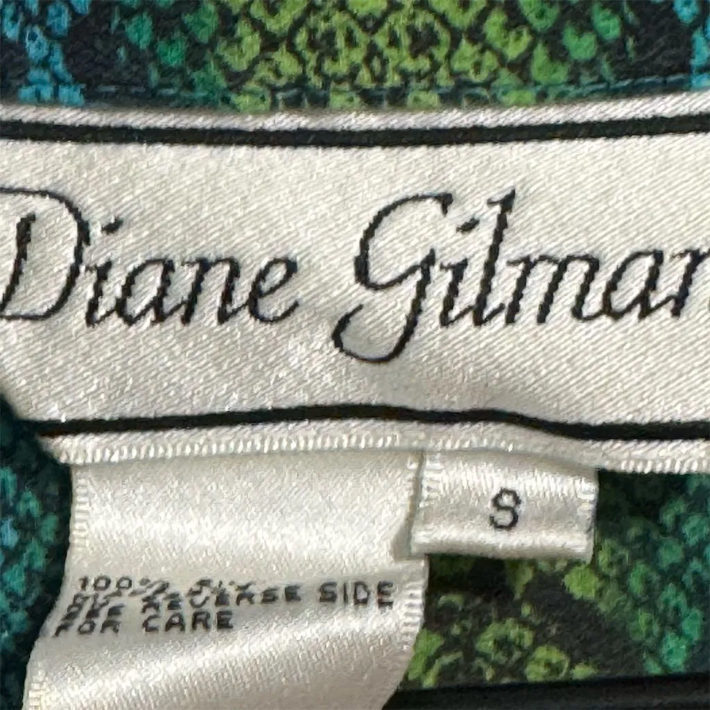 Diane Gilman Silk Snakeskin Shirt S Blue Green Sequin Mob Wife Y2K Button Up Top - Image 7