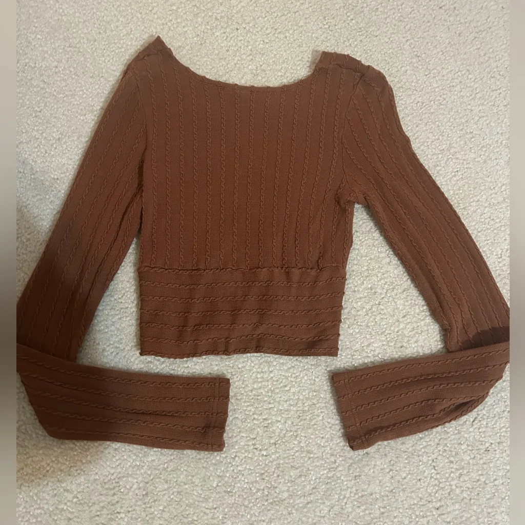 Brown Ribbed Long Sleeve Crop Top - Image 2