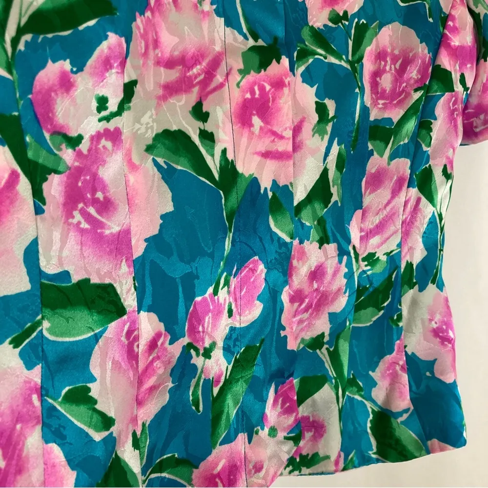 Adrianna Papell | Vintage 100% Silk Teal Floral Button Blouse PETITE - Image 4