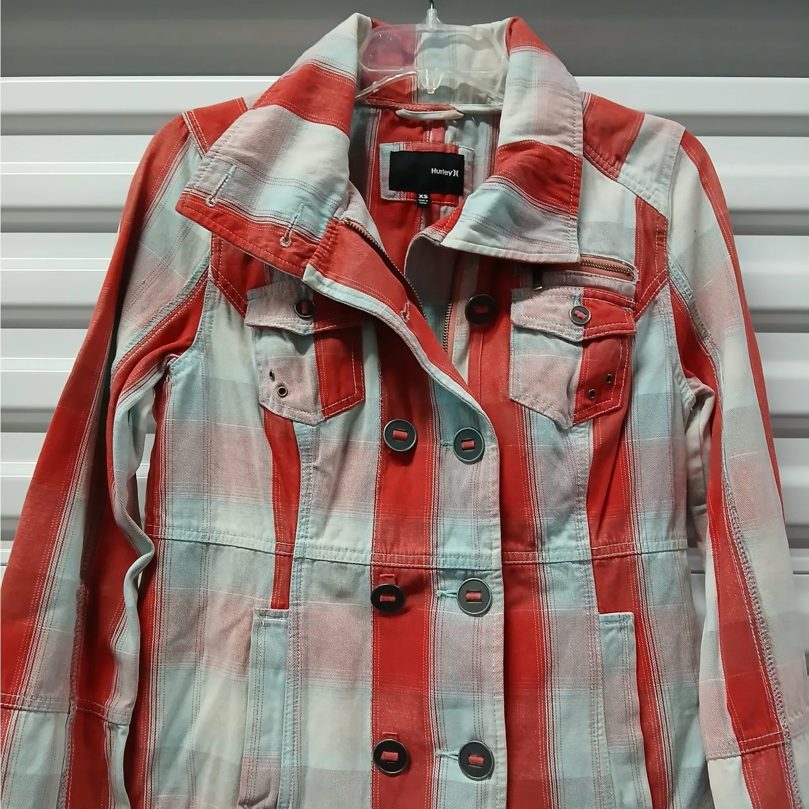 Hurley Womens Denim Jacket Size XS Red Plaid Boho Academia Casual Outdoor Preppy - Image 5
