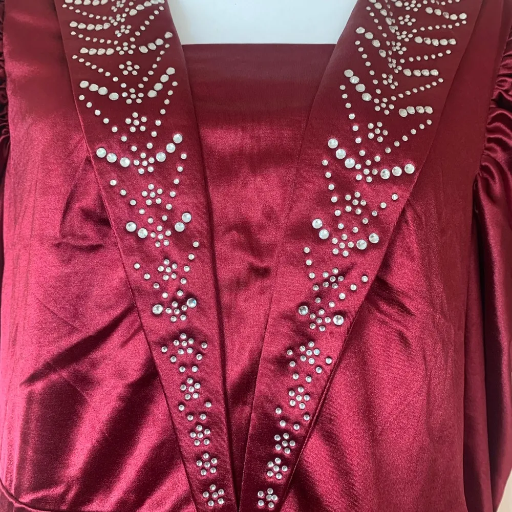 Shein Red & Silver Rhinestones Long Sleeve Satin Bodycon Dress - Image 4