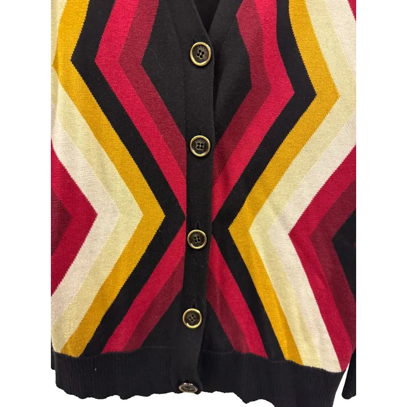 Anne Klein Women's Cardigan Long Sleeve Knit Chevron Pattern Black Red Yellow XL - Image 7