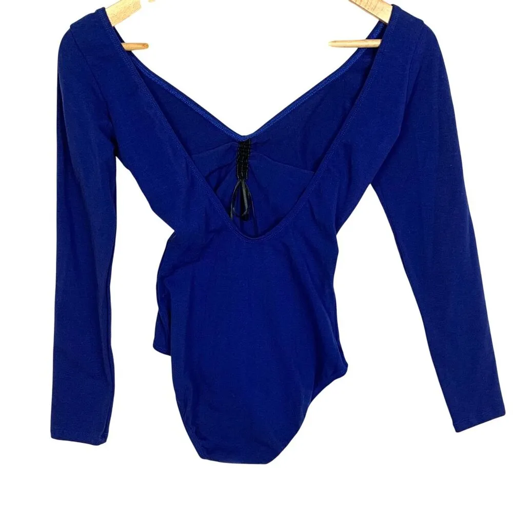 Capezio Pinch Drawstring Front Long Sleeve Leotard Petite Blue Cotton Blend 9914 - Image 3