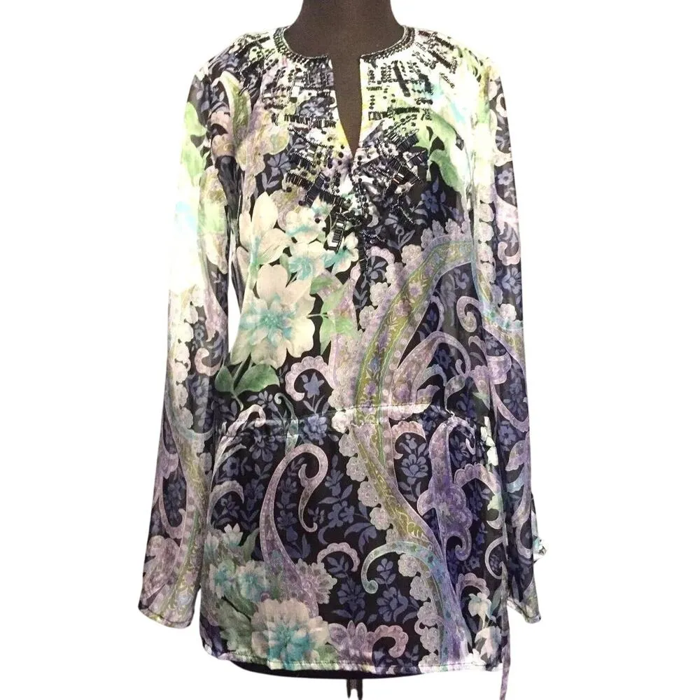 Cache Embellished Peasant Boho Sheer Illusion Drawstring Top Silk $128 NWT - Image 4