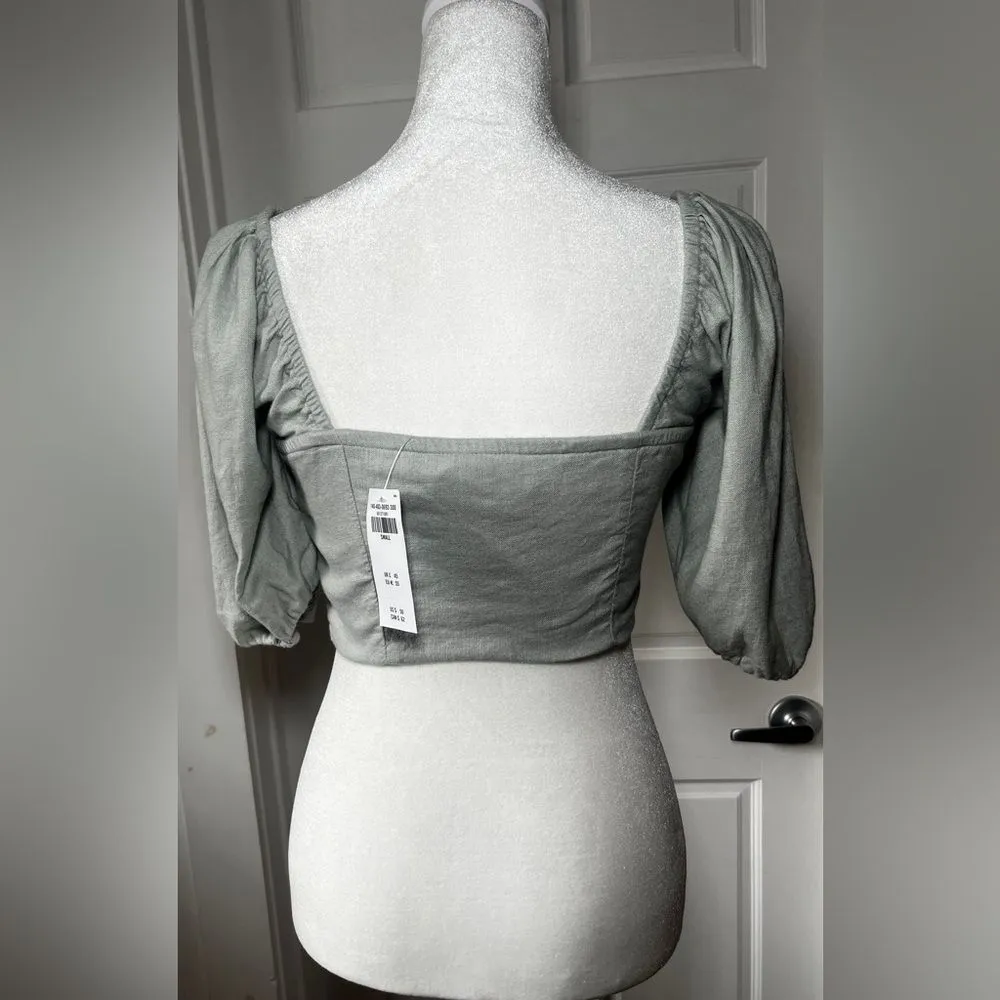 Abercrombie Tie Front Linen Blend Puff Sleeve Top Size Small Sage Green - Image 5