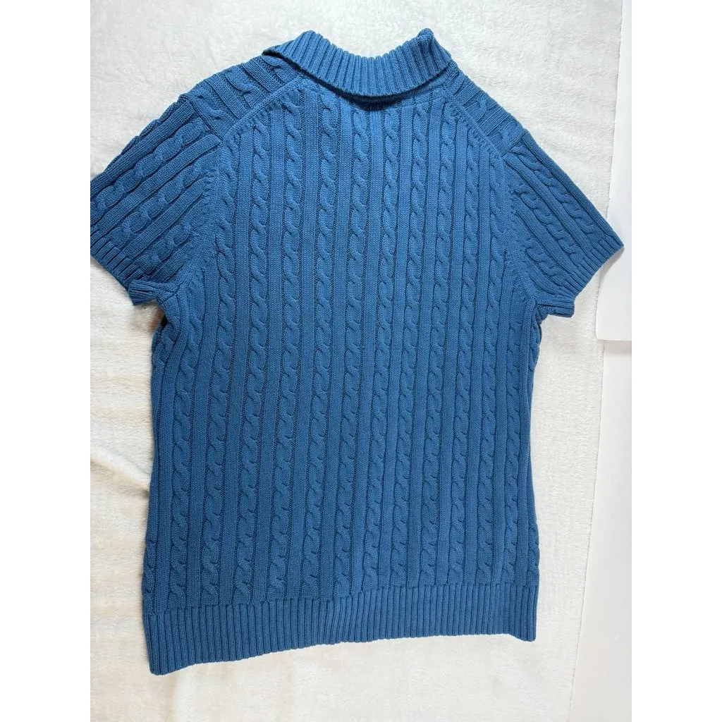 Vintage LL Bean Cable Knit Cardigan Women’s XL Blue Teal Short Sleeve Button Y2K - Image 5