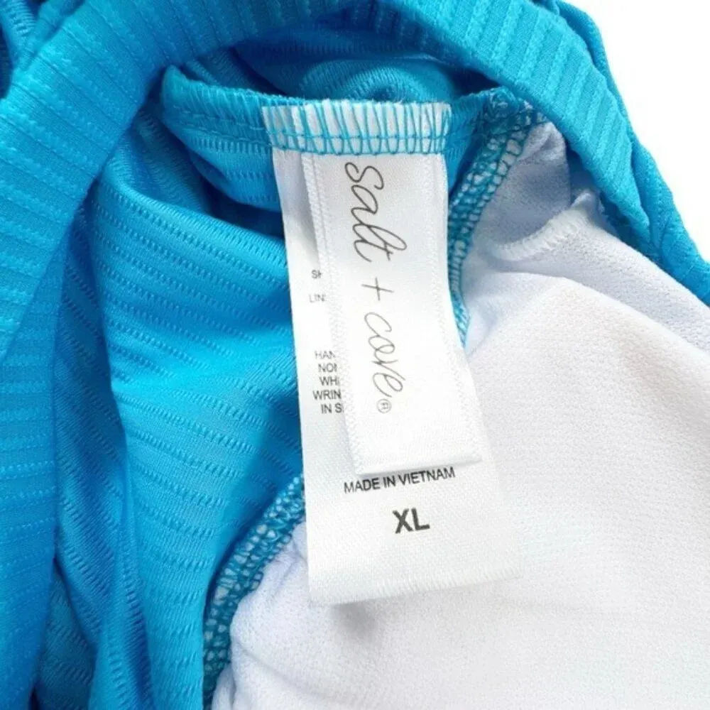 NWT Salt + Cove Ribbed Shirred Halter Tankini Swimsuit Top Cerulean Blue Size XL - Image 6