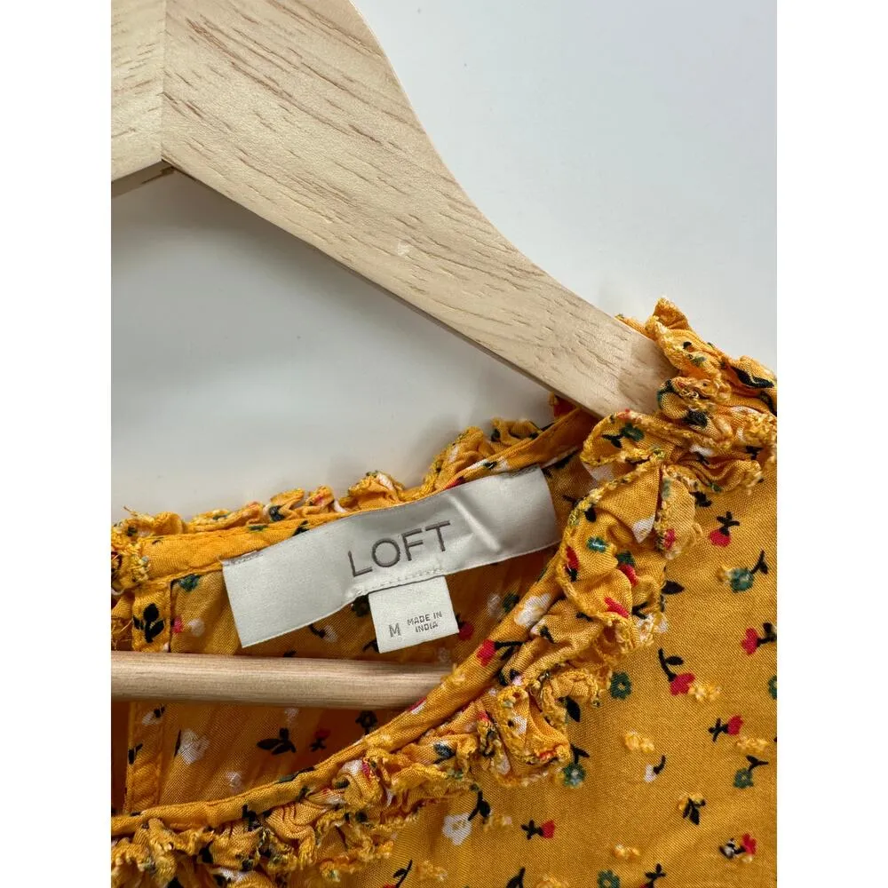 Loft Blouse Women Medium Orange Yellow Floral Lacy Flutter Sleeve Top Feminine - Image 5