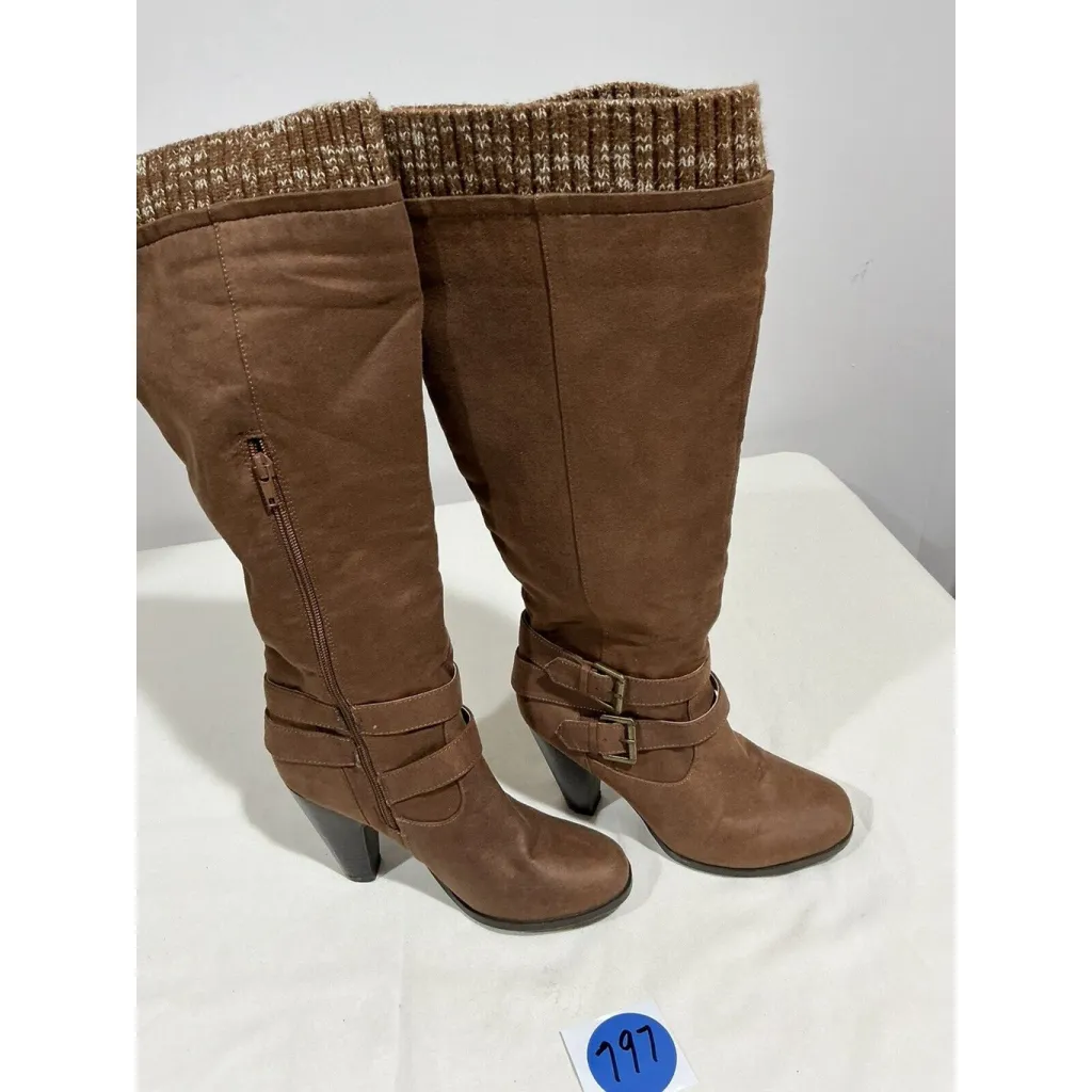 Woman’s Just Fab Waynoka Wide Brown Faux Suede Stacked Winter Boots Size 8w Otk - Image 2