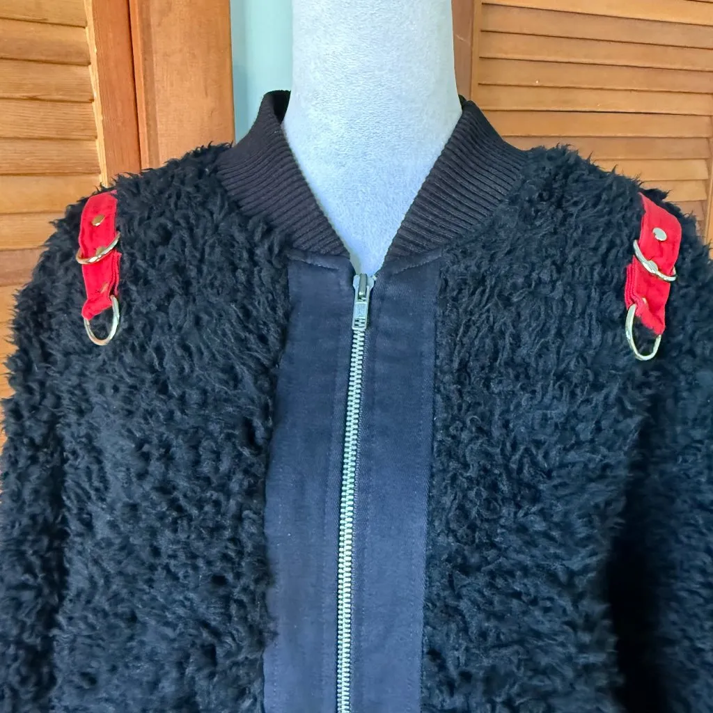 Vintage Lip Service Punk Goth Y2K Black Faux Fur Bondage Bomber Jacket L - Image 2
