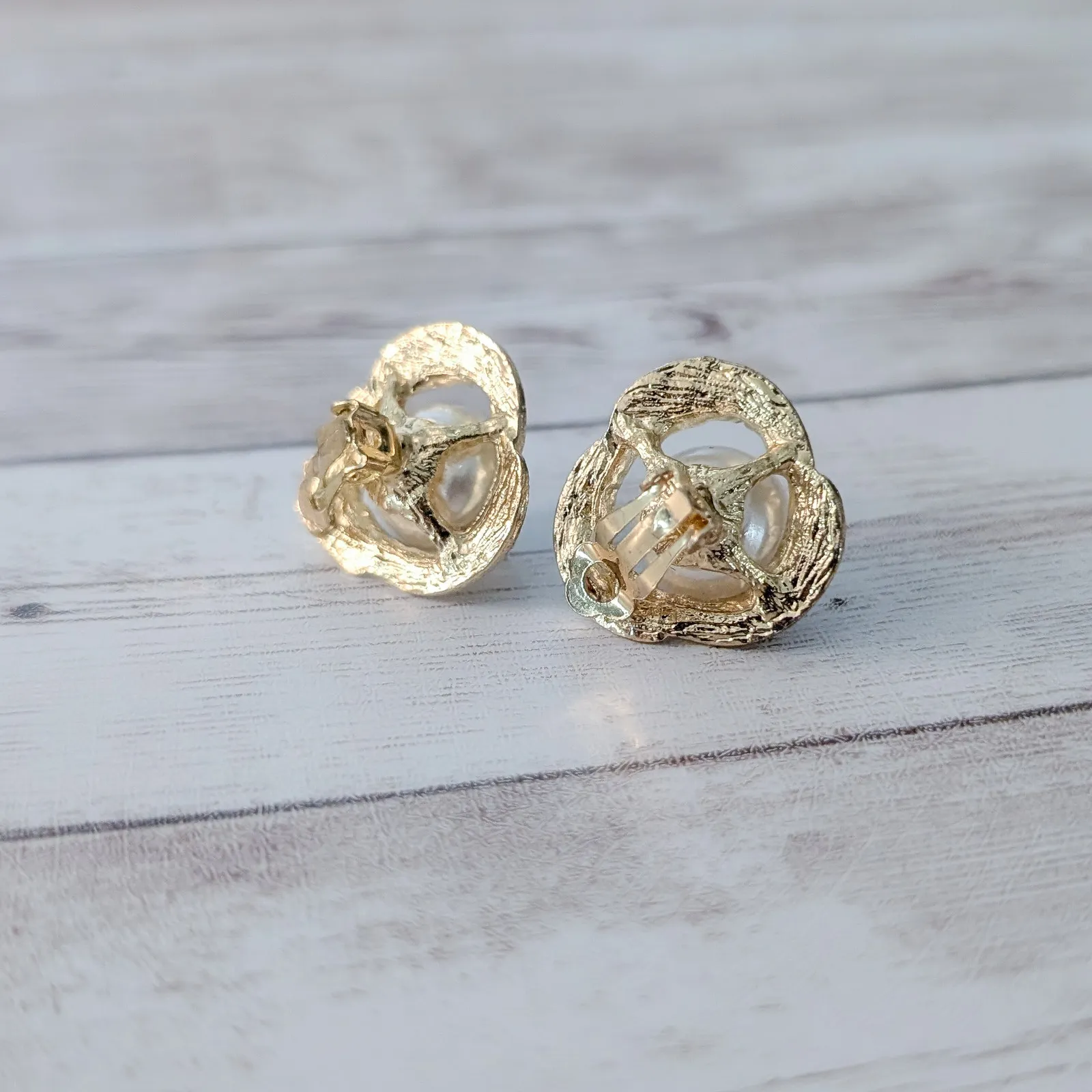 Vintage Clip On Earrings Large Chunky Faux Pearl, Gold Tone, Clear Gem Statement - Image 5