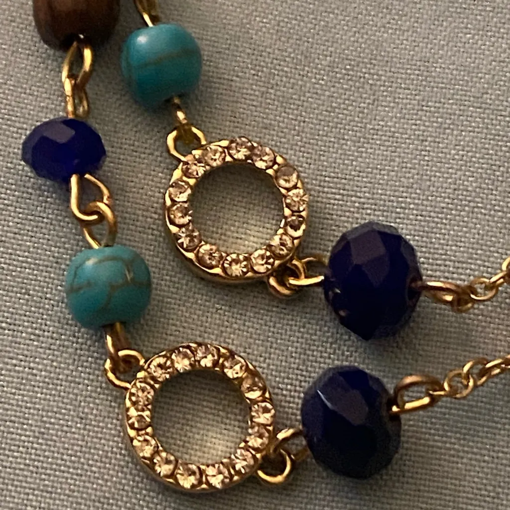 Anne Klein Vtg Beaded Necklace 2 Strand Faux Pearls Wood Circles Blue Turquoise - Image 3