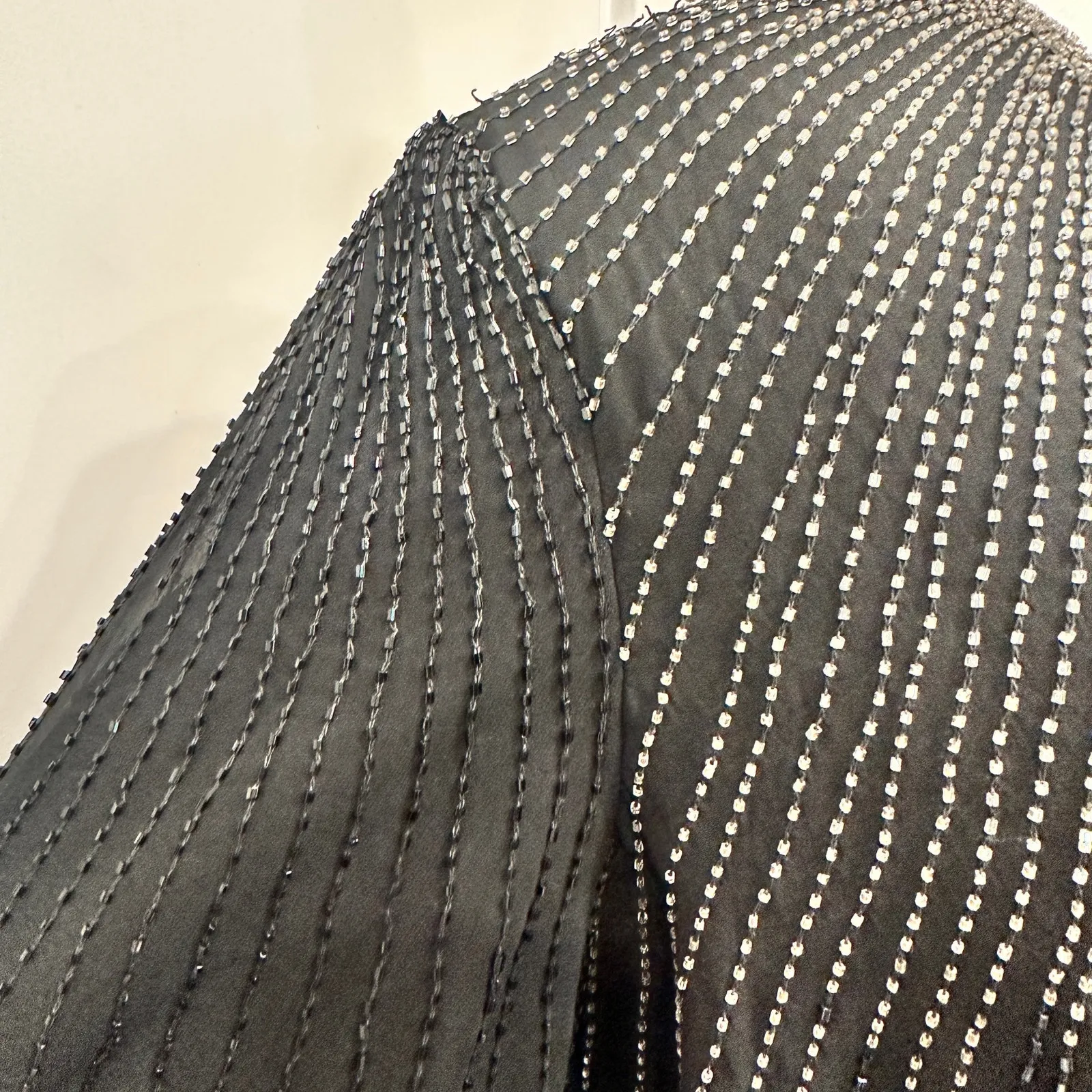 Vintage 80s Stenay Woman Black Silk Beaded Sequin Cocktail Shift Dress Art Deco Size 14 - Image 7