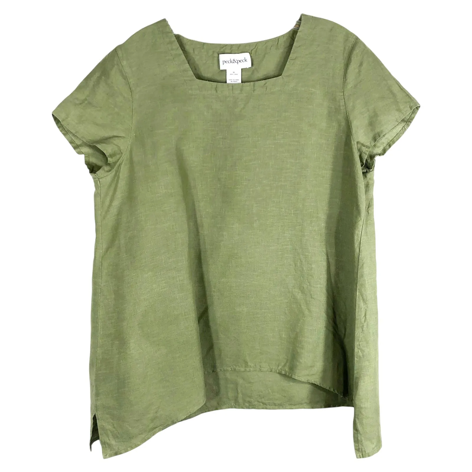 Peck Peck Medium Top Green Linen Square Neck Cap Short Sleeve Solid Tee 327 - Image 1