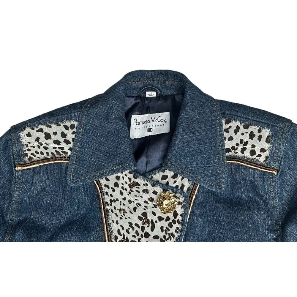 Pamela McCoy Animal Print Trim Embellished Bling Button Blue Denim Jean Jacket M Size M - Image 4