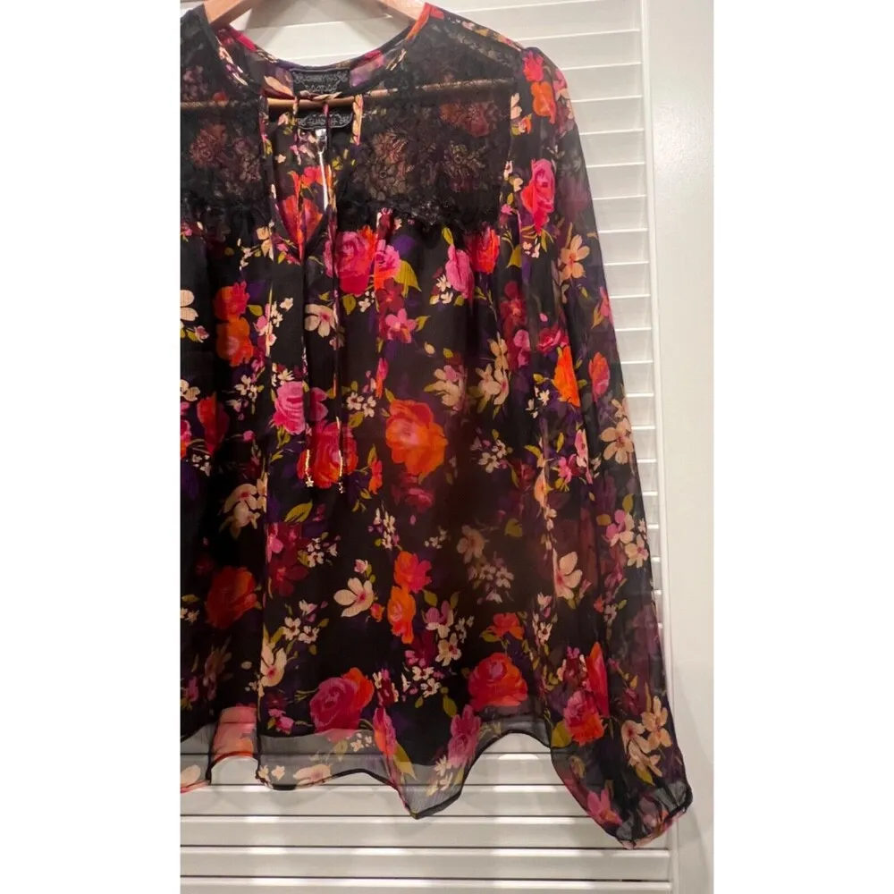 Johnny Was Black Floral Lace Blouse Sheer Long Sleeve Bohemian Peasant Top Small - Image 9