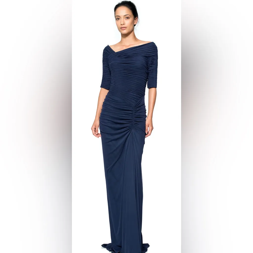 Tadashi Shoji asymmetric draped mesh gown, navy blue, ruched mesh layer, size S - Image 16
