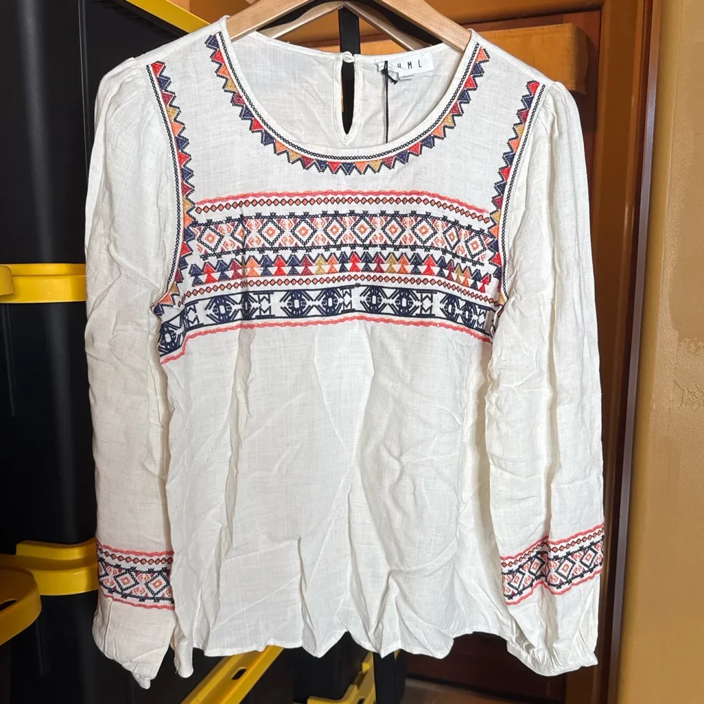 NWT THML Embroidered Boho Peasant Top Natural White Size Large | Linen Blend - Image 2