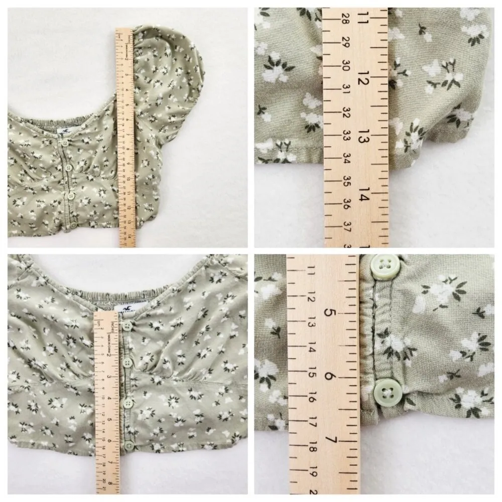 Hollister Womens Floral Crop Top Size S Sage Green Smocked Back Shirt - Image 6