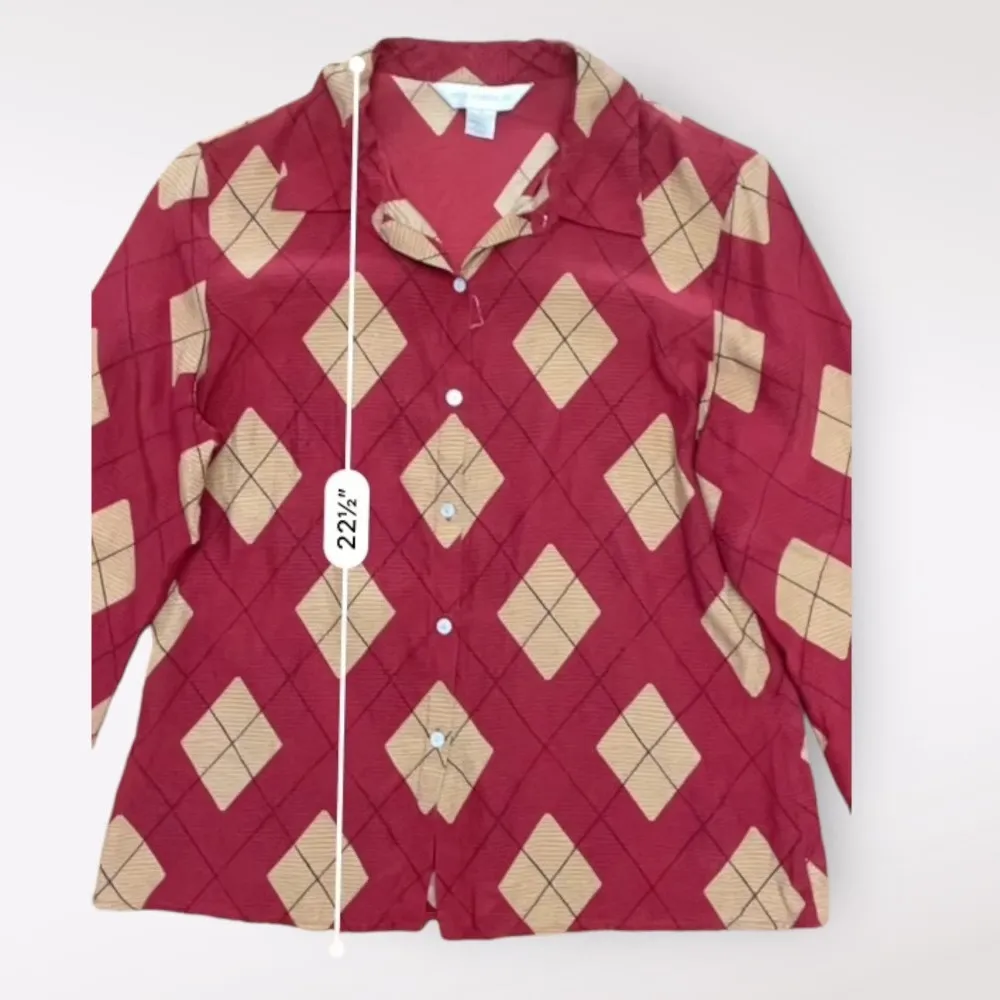 Petite Sophisticate Silk Button-Up Argyle Shirt Womens Size 10 Red Tan - Image 4