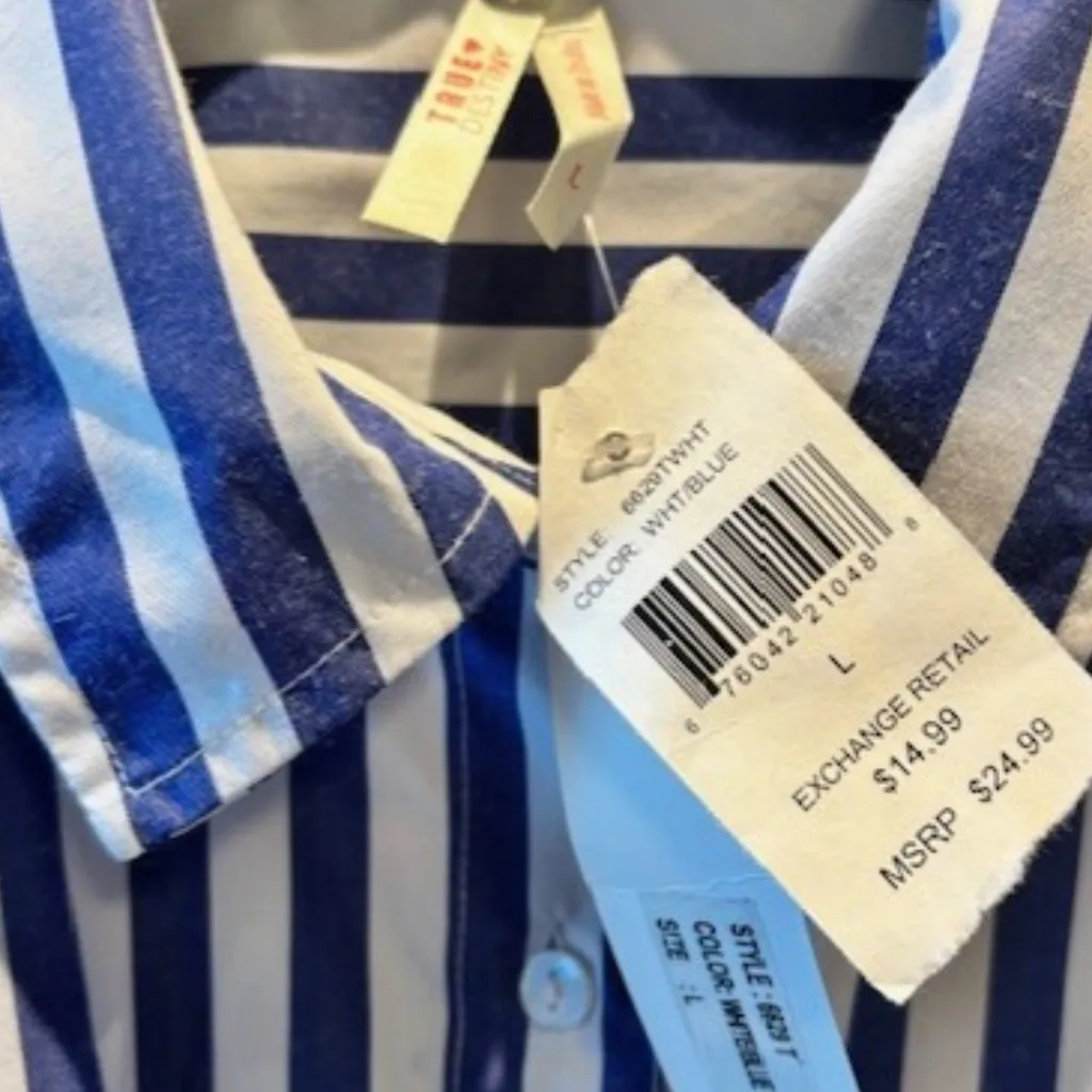 True Destiny L Blue White Stripe Crop Long Sleeve Twist Top Modern Collar Button - Image 3