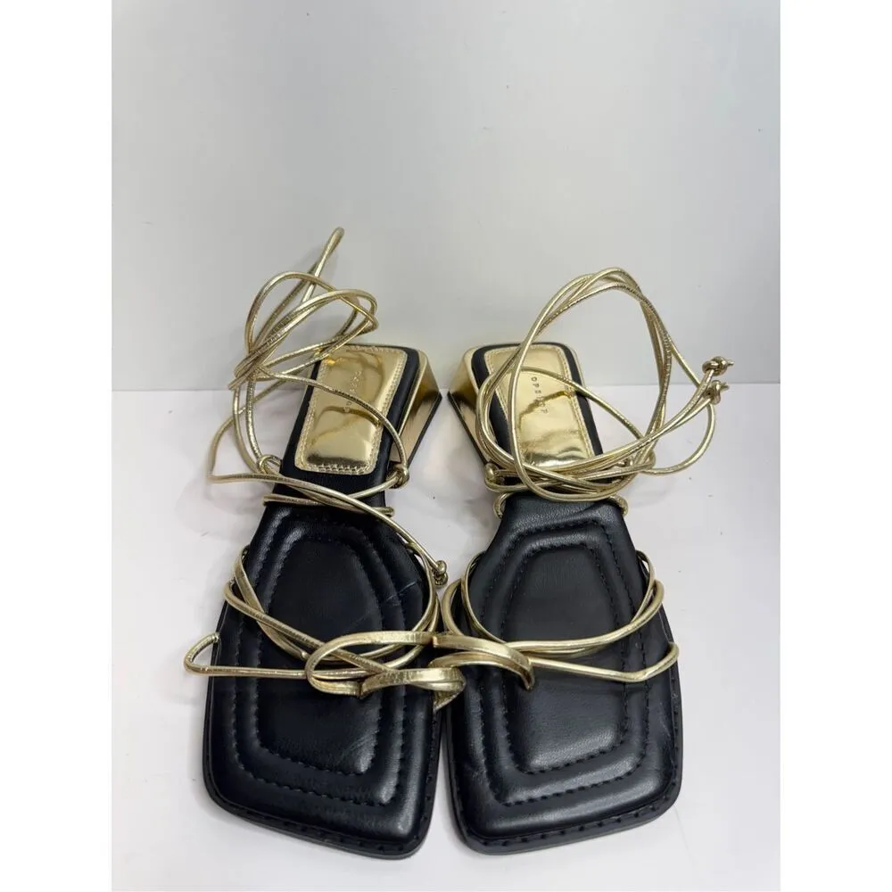 Top Shop‎ Ankle Wrap Sandals Size 6US Gold Black Square Toe Block Heel - Image 4