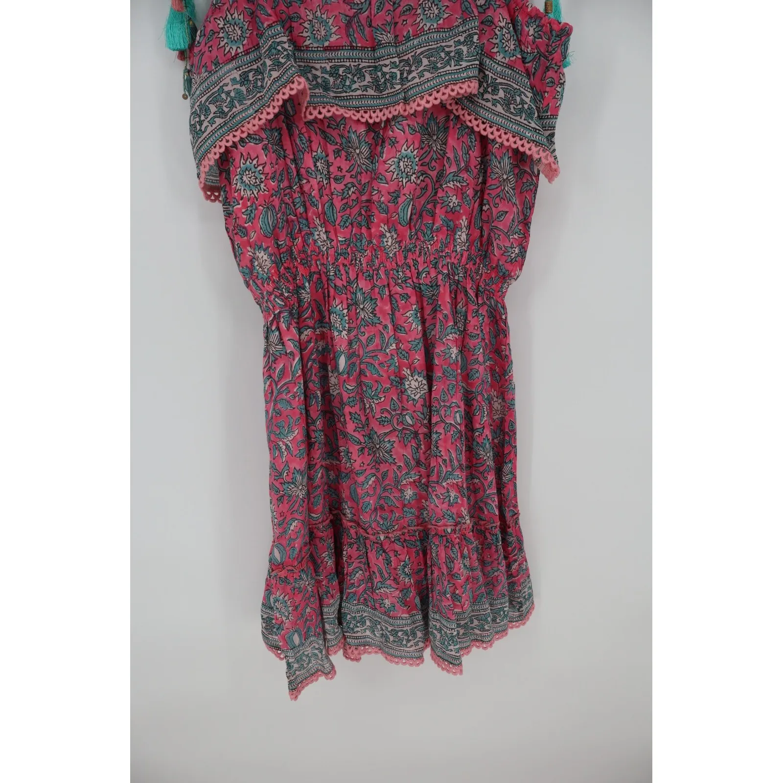 ALICIA BELL Floral Print Tassel Tie Shoulder Dress XL Red Blue Silk Cotton - Image 4