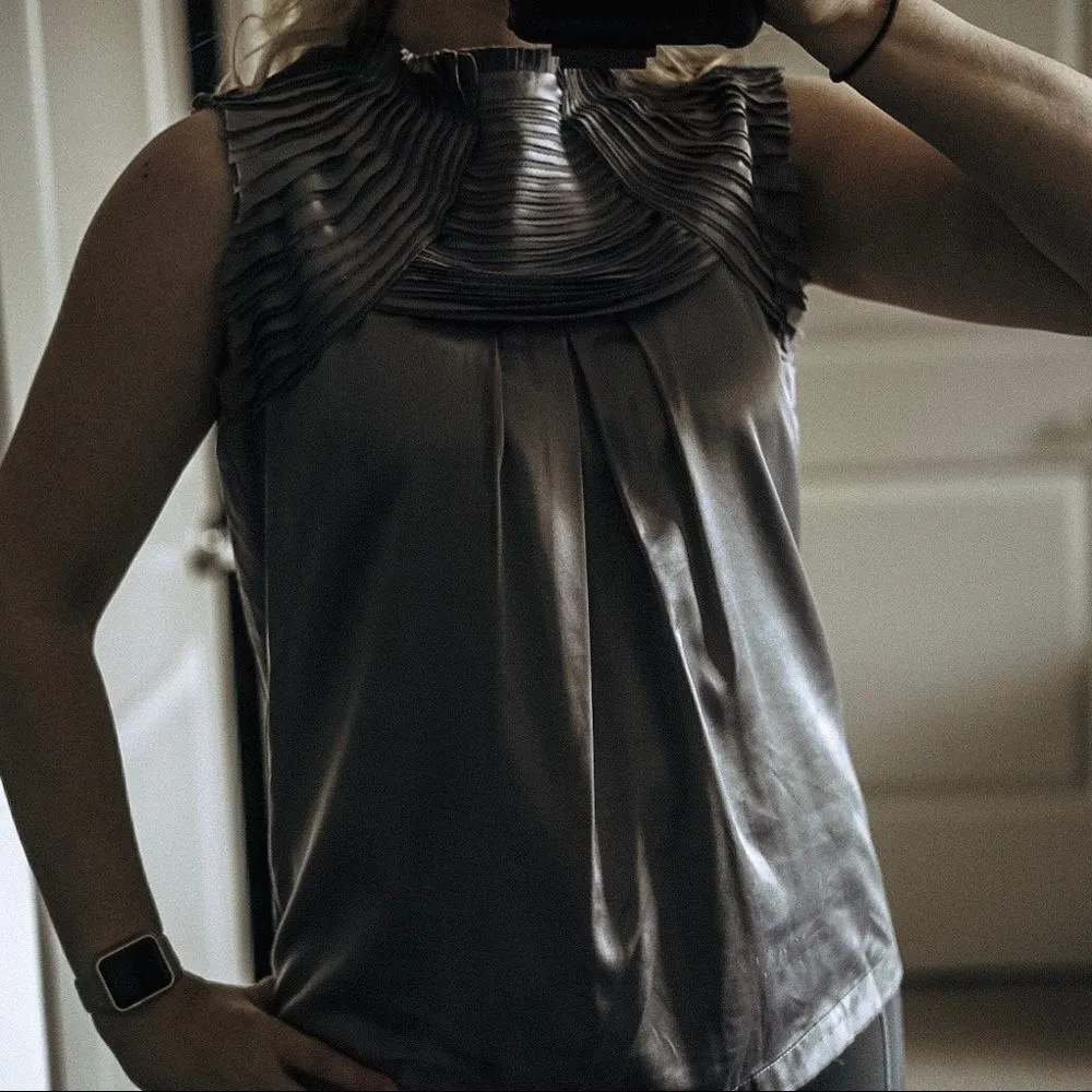 Silk Ruffle Layered Gun Metal Colored Couture Blouse Office Wear Dressy Top Sz M - Image 2