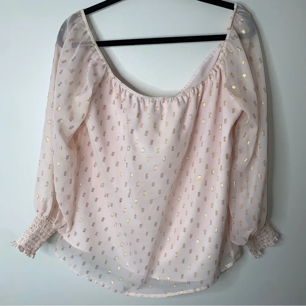 Nordstrom WAYF Pink Off-the-shoulder pink gold bow puff sleeve chiffon top Large - Image 9