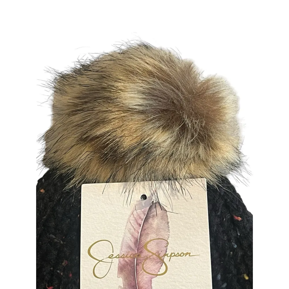 Jessica Simpson Beanie Hat Womens OS Black Speckled Knit Faux Fur Pom Pom NWT - Image 4
