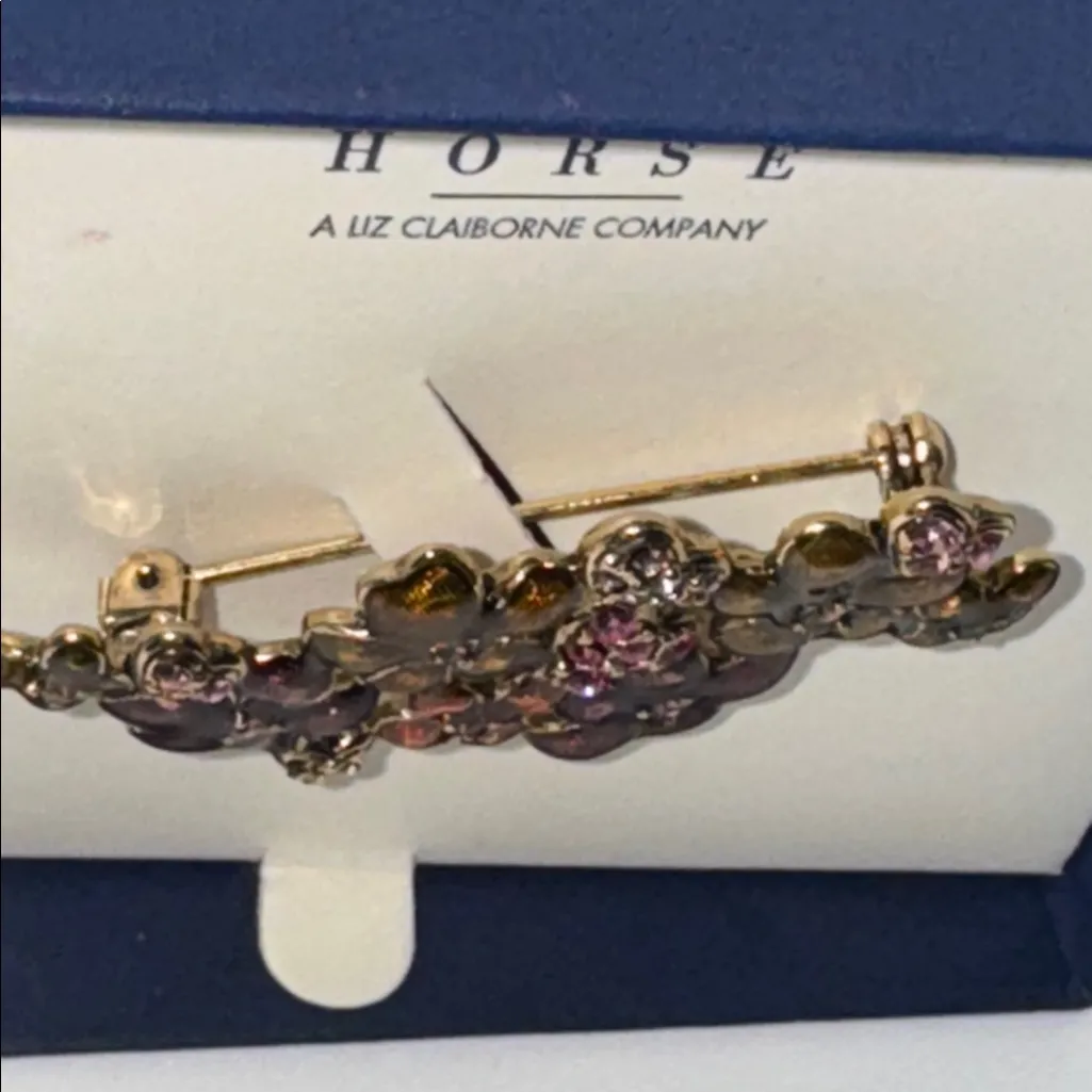 CRAZY HORSE By LIZ CLAIBORNE COMPANY Floral Enamel & Rhinestone BROOCH Brown - Image 2