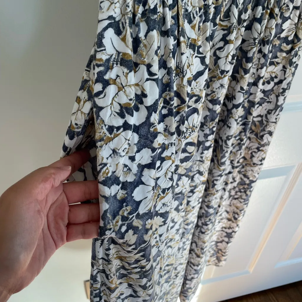 Peruvian Connection Maxi Dress M Cotton Cream Navy Floral A-Line Pockets Boho - Image 6