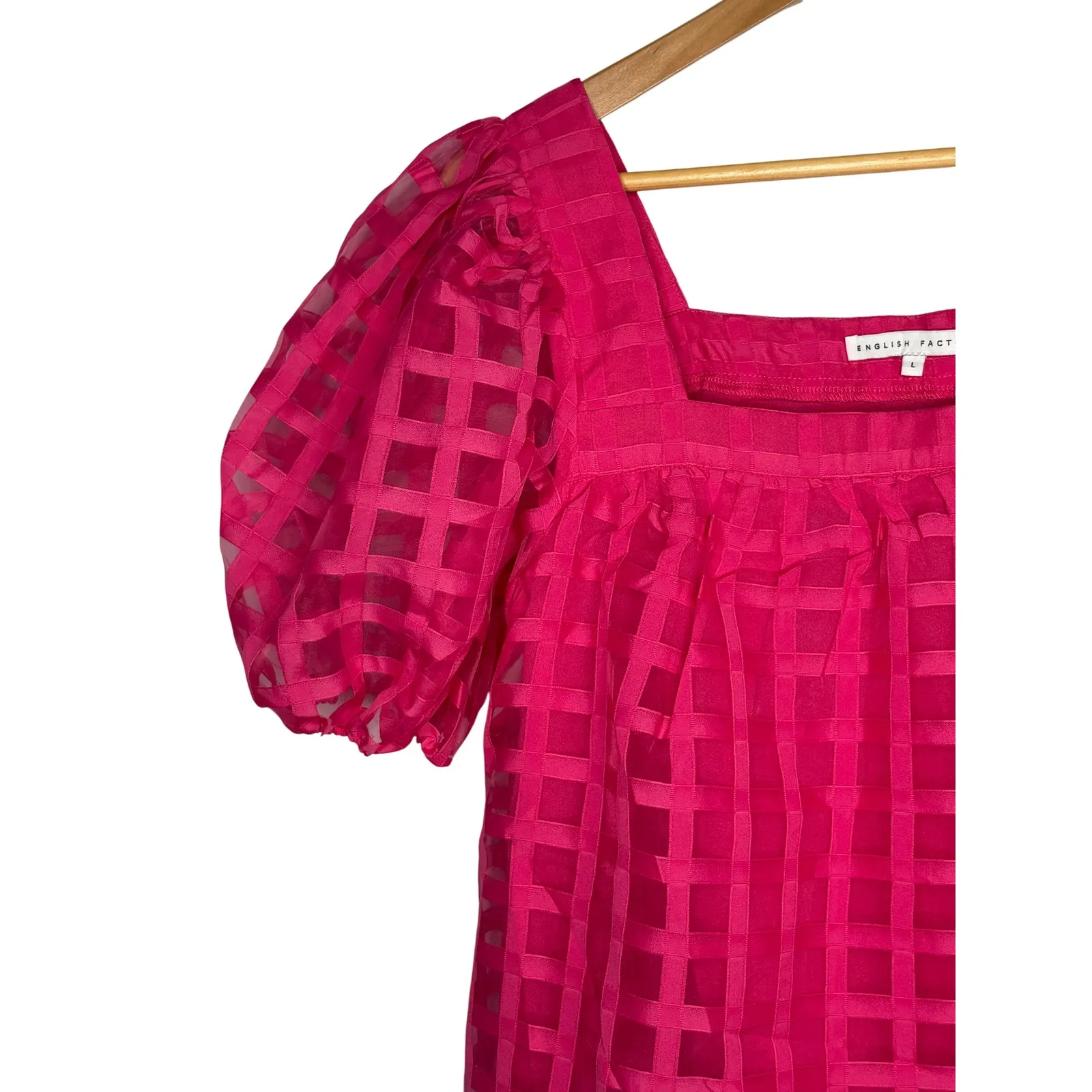 English Factory Hot Pink Fuchsia Windowpane Puff Sleeve Top Women Size‎ Large - Image 3