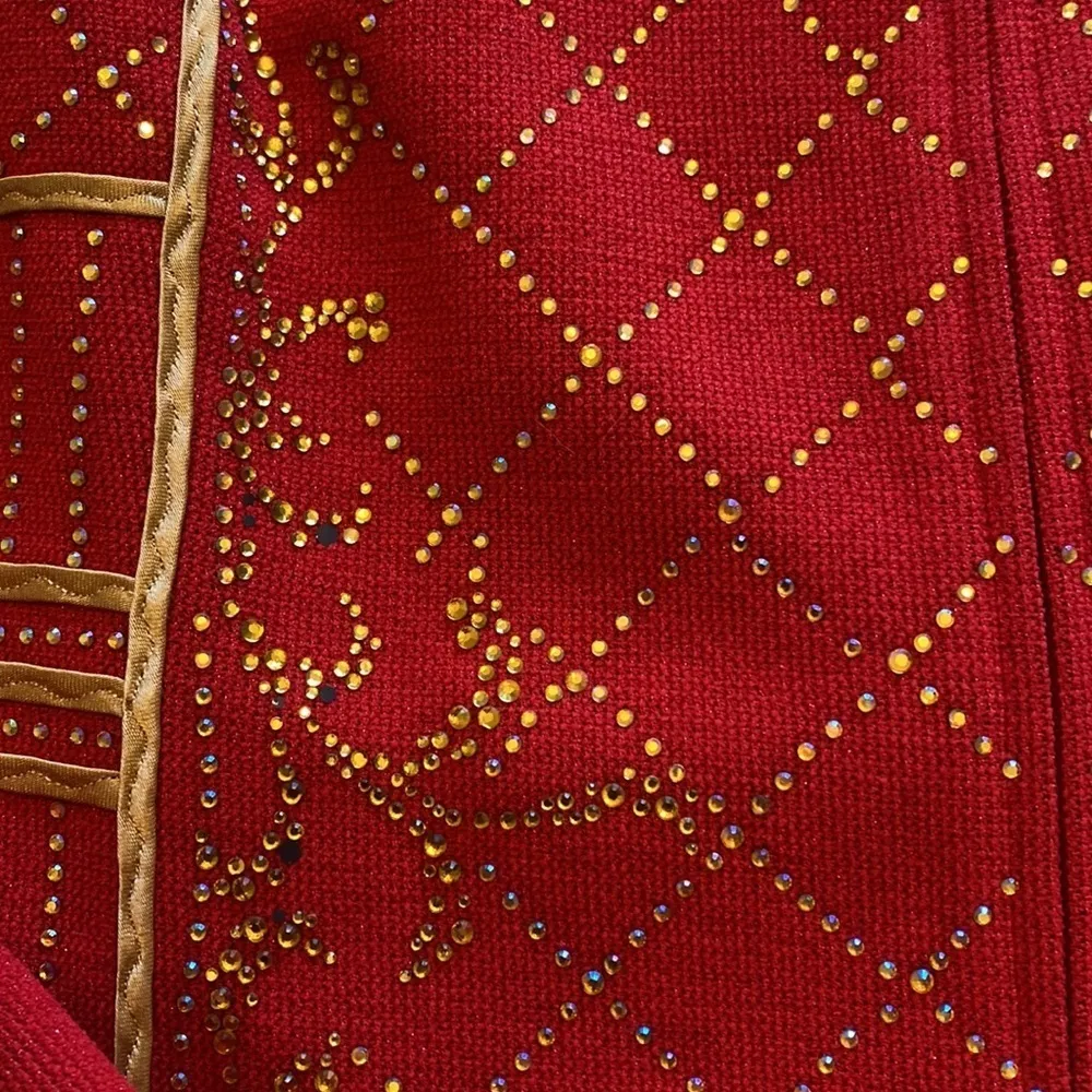 Susanna Red embellished full zip sweater gold trim bejeweled cross pattern 14‎ - Image 6