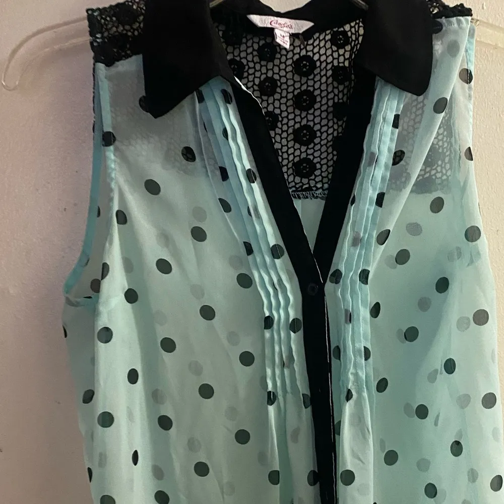 Candies Womens Sleeveless Button Up Blouse M Teal Blue Black Polka Dots & Mesh - Image 2